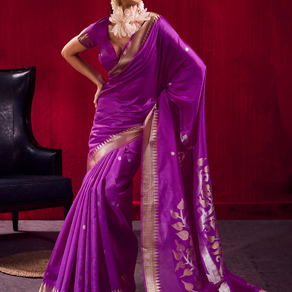 Monjolika Fashion Purple Weaving Satin Linen Silk Saree - Dista