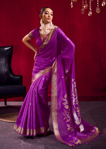 Monjolika Fashion Purple Weaving Satin Linen Silk Saree - Dista