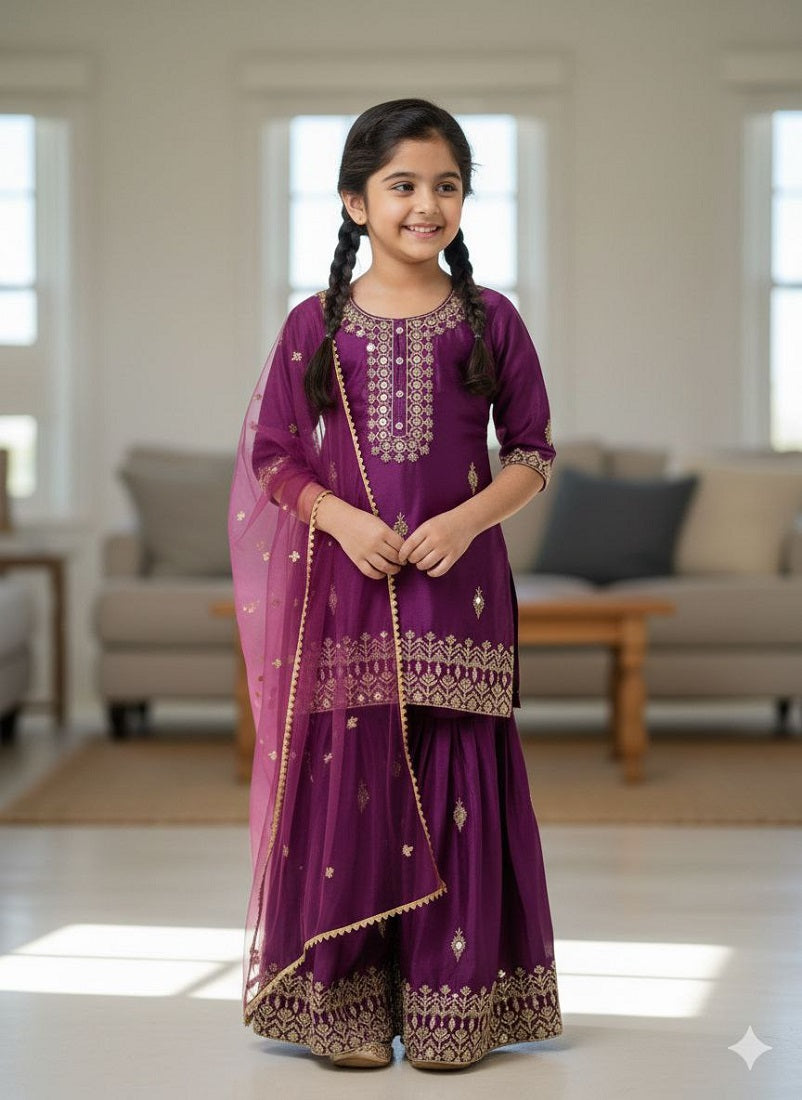 Evanik Purple Designer Party Wear Look Kids Top Sharara & Dupata - Dista