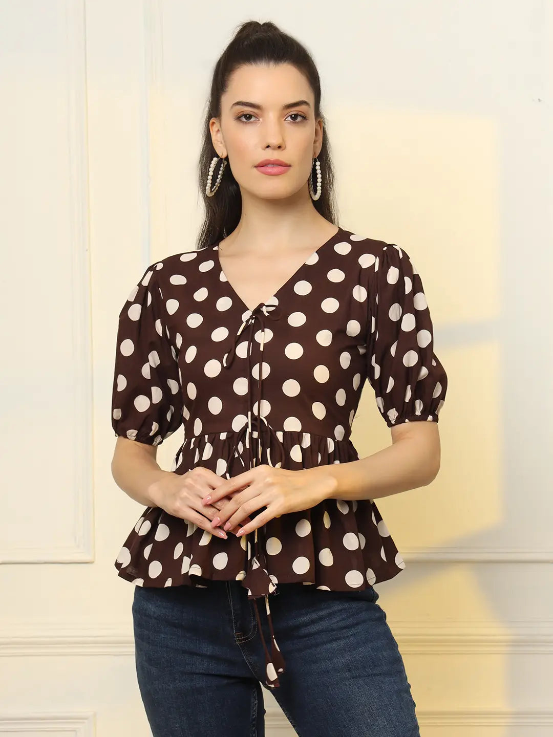 Yufta Brown Cotton Polka Dot Brown Tie Up Peplum Top - Distacart