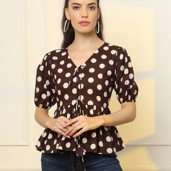 Yufta Brown Cotton Polka Dot Brown Tie Up Peplum Top - Distacart