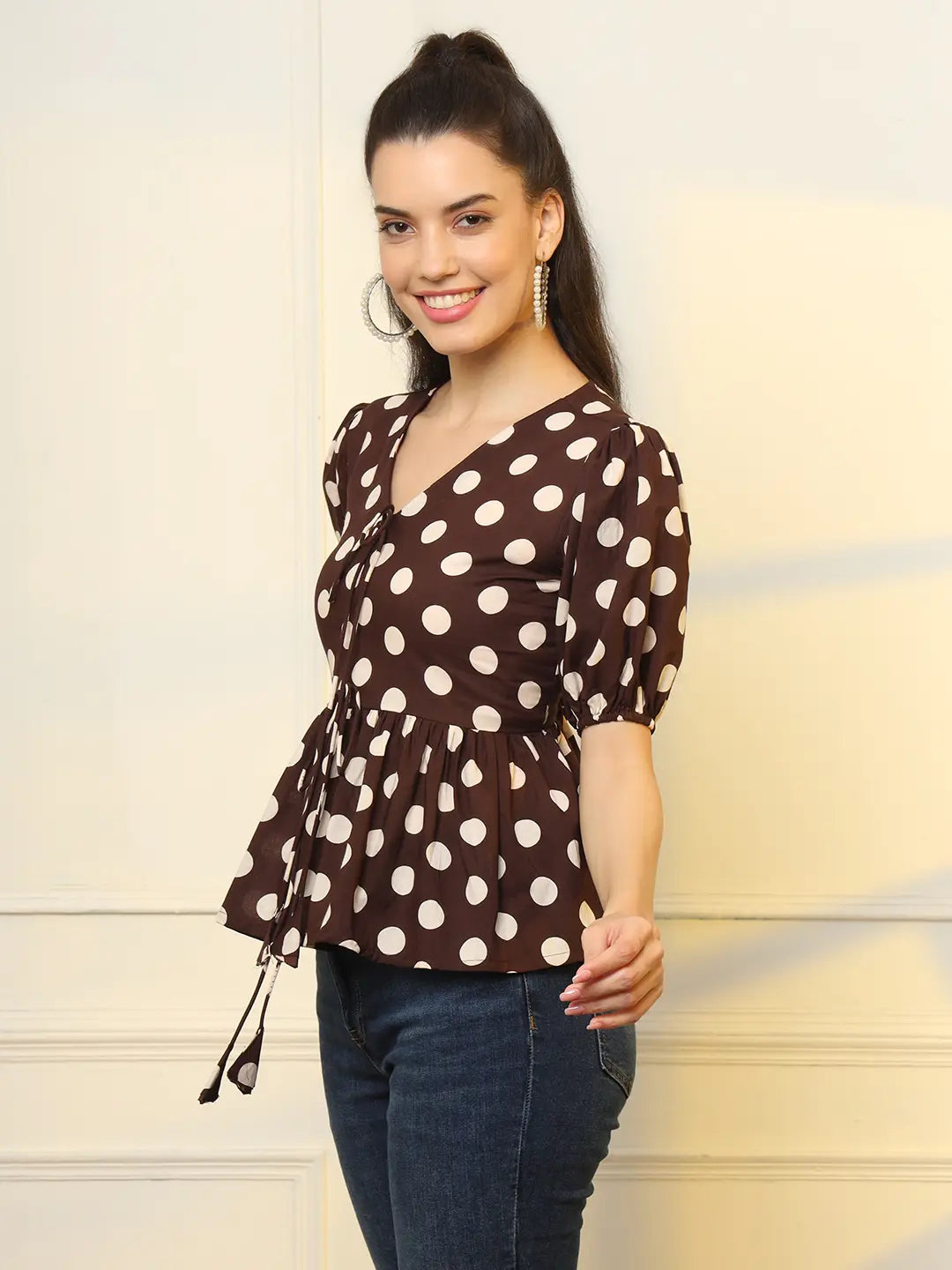 Yufta Brown Cotton Polka Dot Brown Tie Up Peplum Top - Distacart