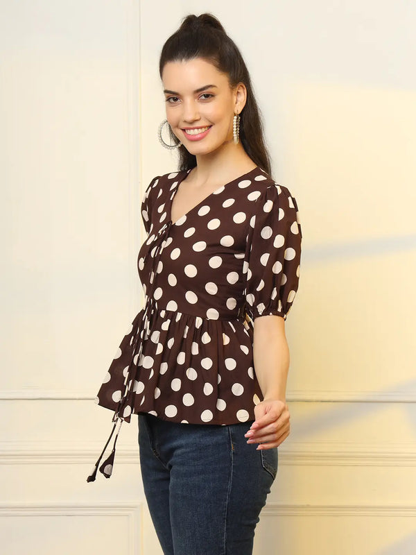 Yufta Brown Cotton Polka Dot Brown Tie Up Peplum Top