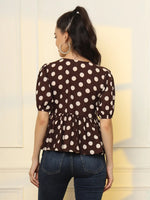 Thumbnail for Yufta Brown Cotton Polka Dot Brown Tie Up Peplum Top
