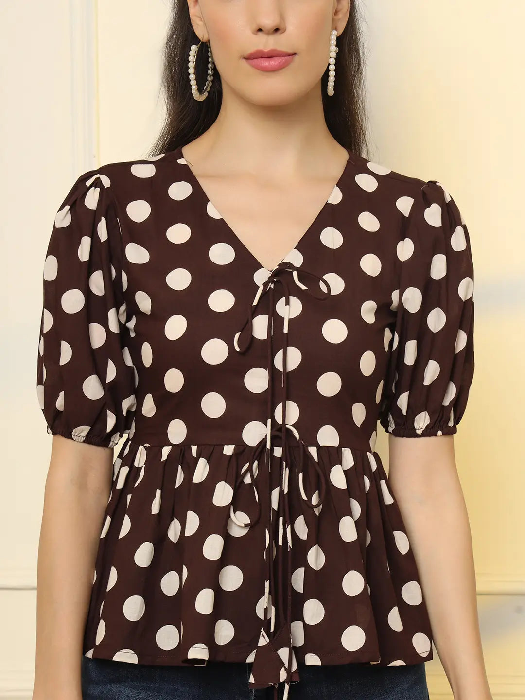 Yufta Brown Cotton Polka Dot Brown Tie Up Peplum Top