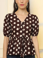 Thumbnail for Yufta Brown Cotton Polka Dot Brown Tie Up Peplum Top