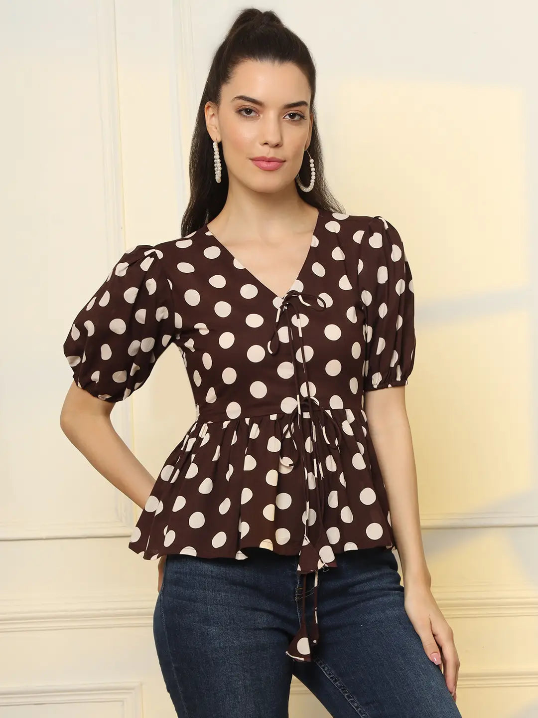 Yufta Brown Cotton Polka Dot Brown Tie Up Peplum Top