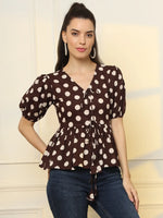 Thumbnail for Yufta Brown Cotton Polka Dot Brown Tie Up Peplum Top