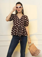 Thumbnail for Yufta Brown Cotton Polka Dot Brown Tie Up Peplum Top