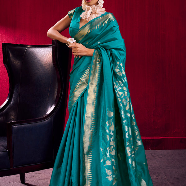 Monjolika Fashion Teal Weaving Satin Linen Silk Saree - Dista