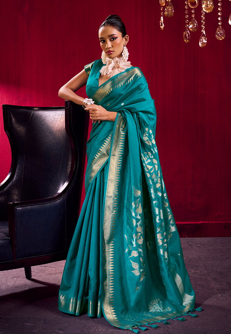 Monjolika Fashion Teal Weaving Satin Linen Silk Saree - Dista