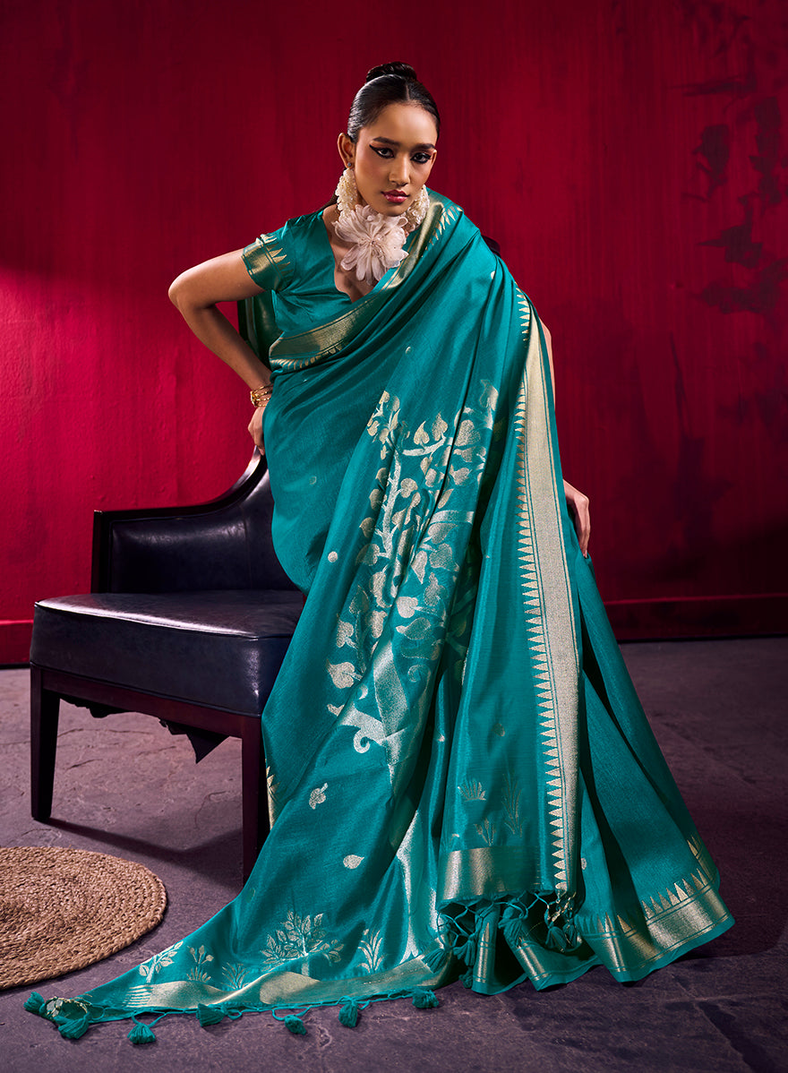Monjolika Fashion Teal Weaving Satin Linen Silk Saree - Dista