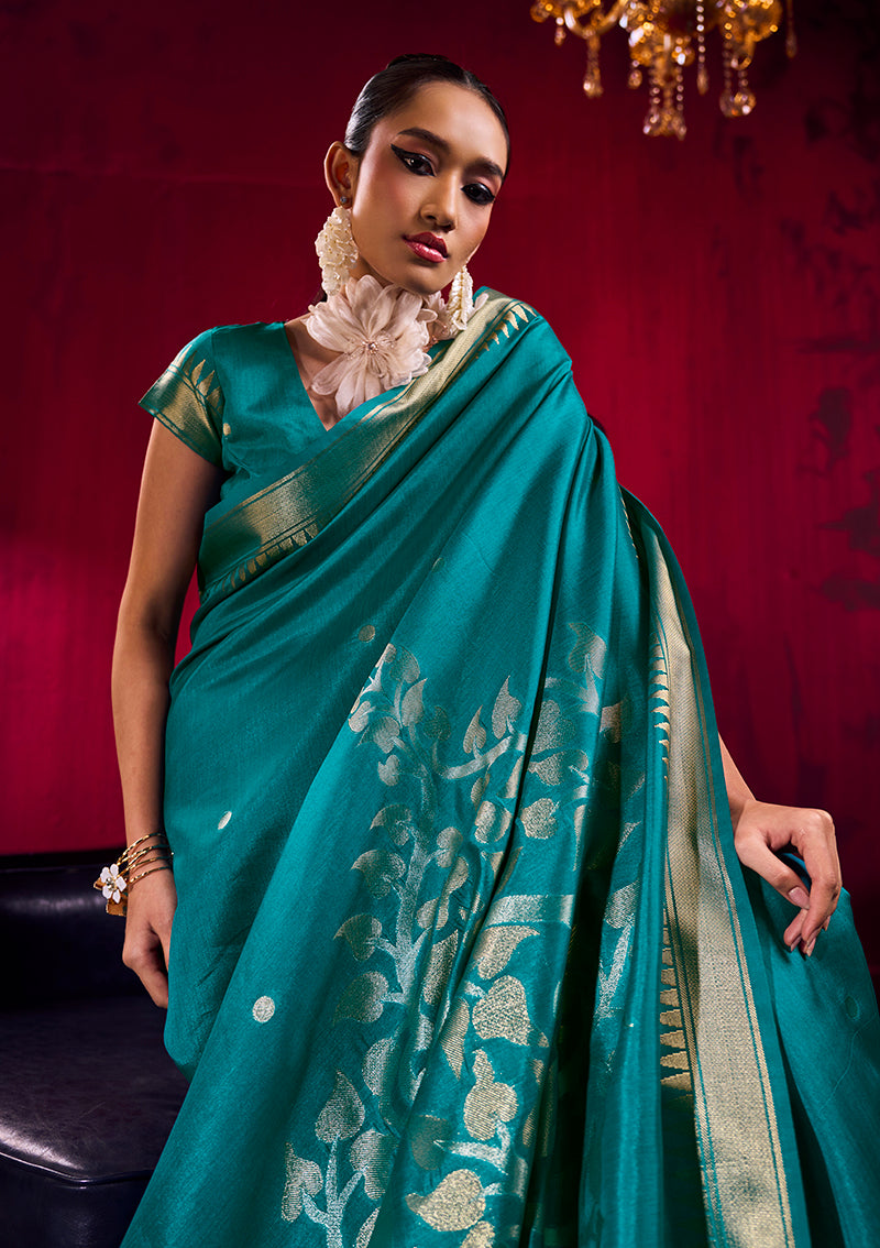 Monjolika Fashion Teal Weaving Satin Linen Silk Saree - Dista