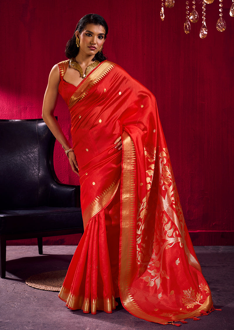 Monjolika Fashion Red Weaving Satin Linen Silk Saree - Dista