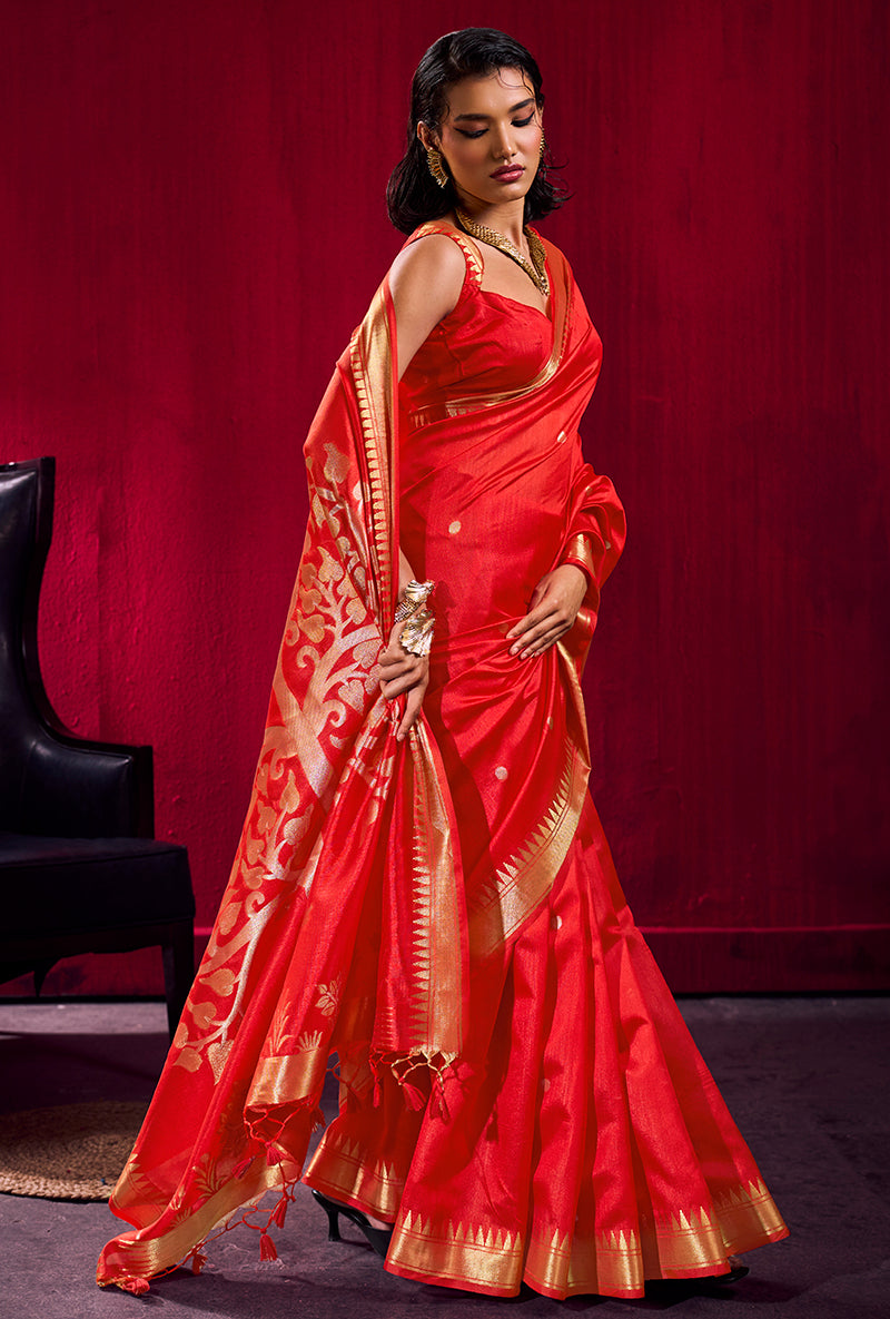 Monjolika Fashion Red Weaving Satin Linen Silk Saree - Dista