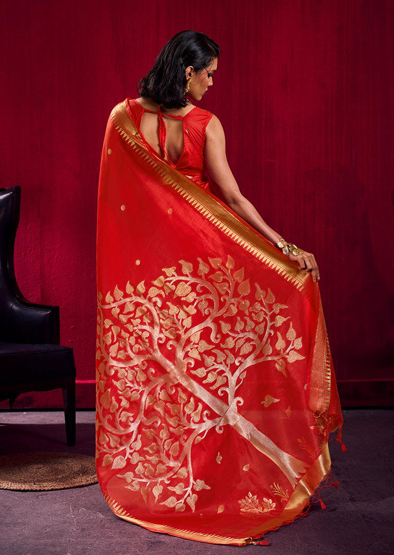 Monjolika Fashion Red Weaving Satin Linen Silk Saree - Dista