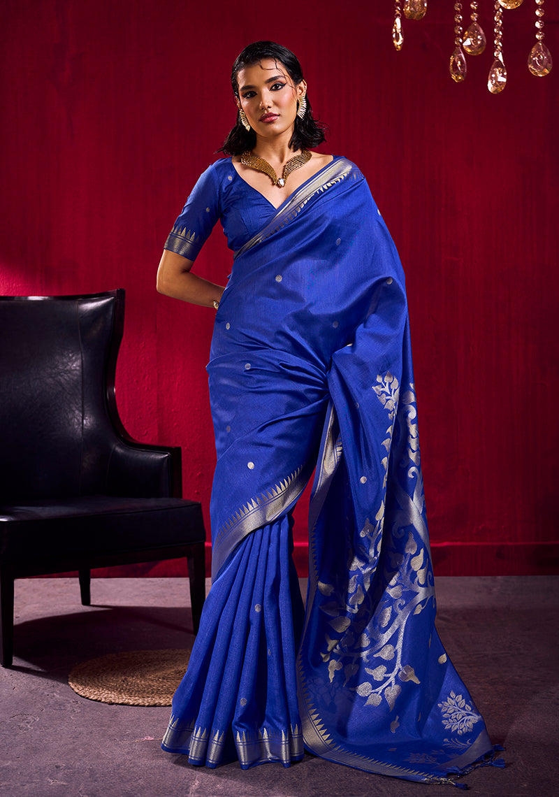 Monjolika Fashion Royal Blue Weaving Satin Linen Silk Saree - Dista