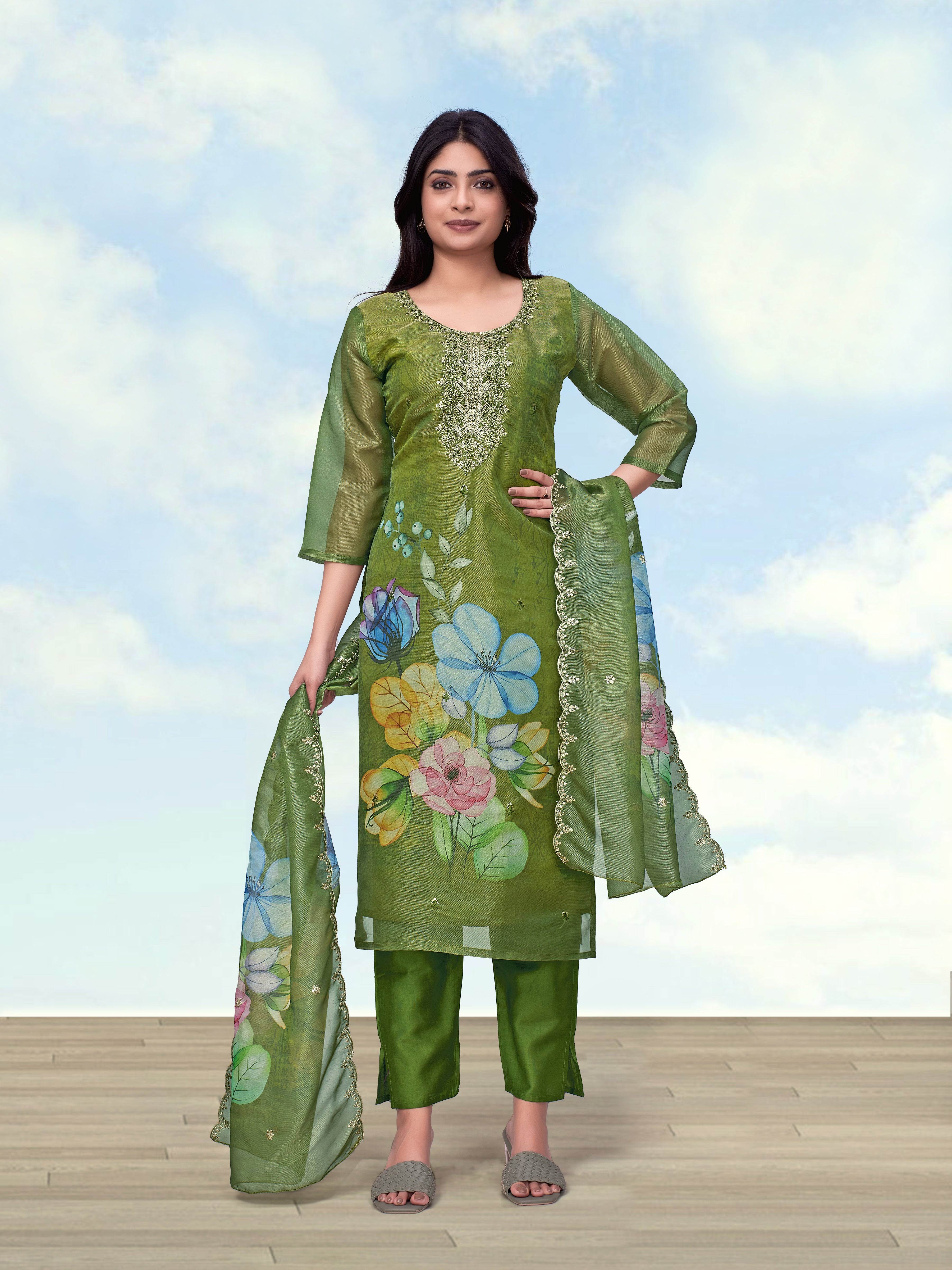 Monjolika Fashion Mehendi Green Simar Kurta Set With Floral Print - Dista