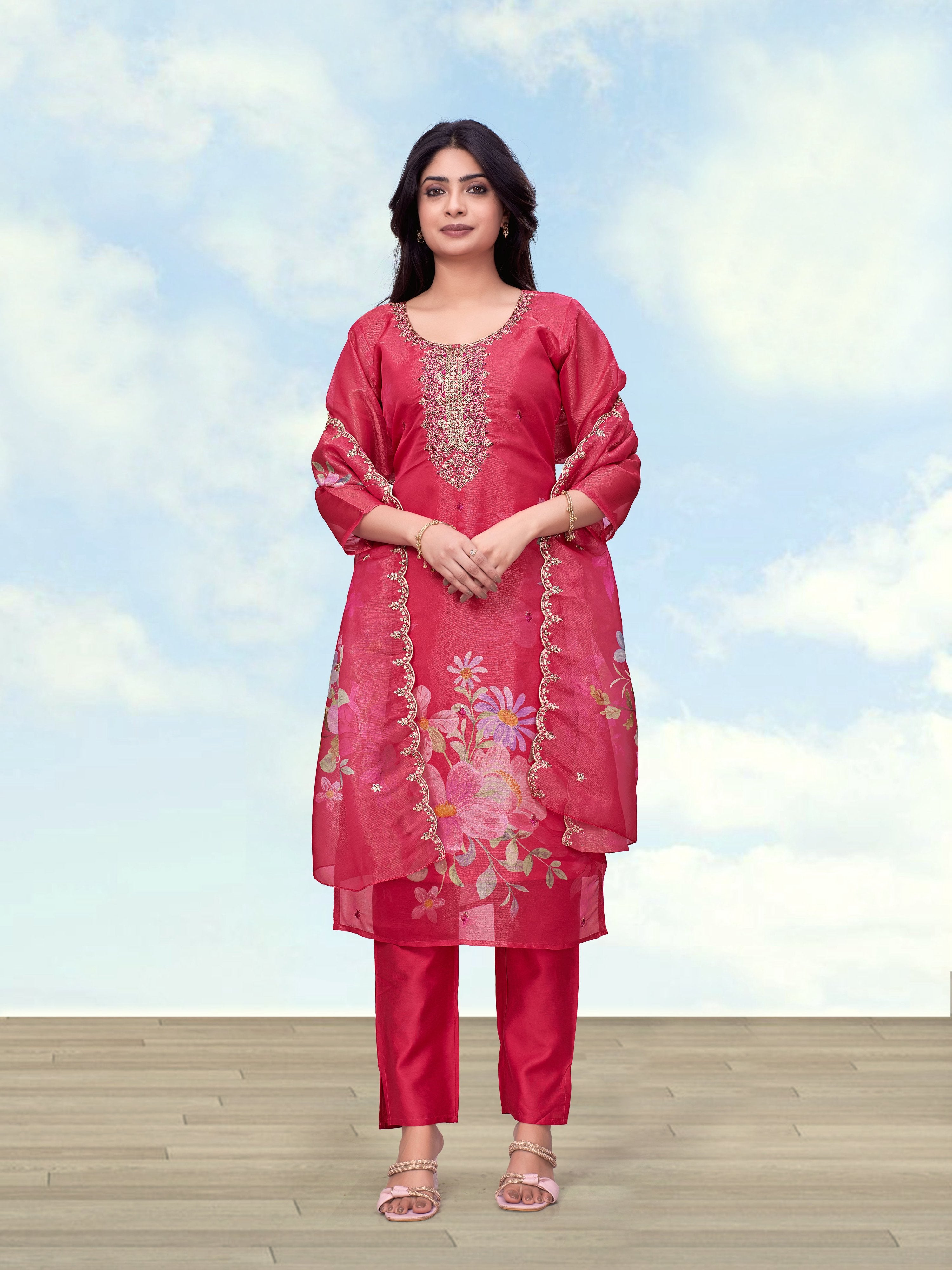 Monjolika Fashion Pink Simar Kurta Set With Floral Print - Dista