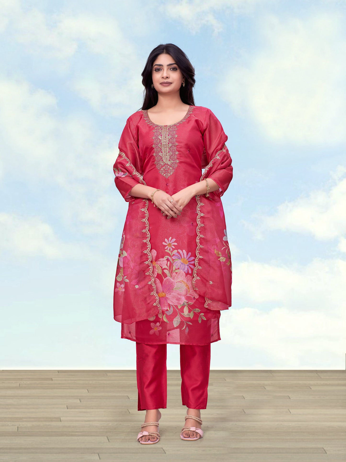 Monjolika Fashion Pink Simar Kurta Set With Floral Print - Dista