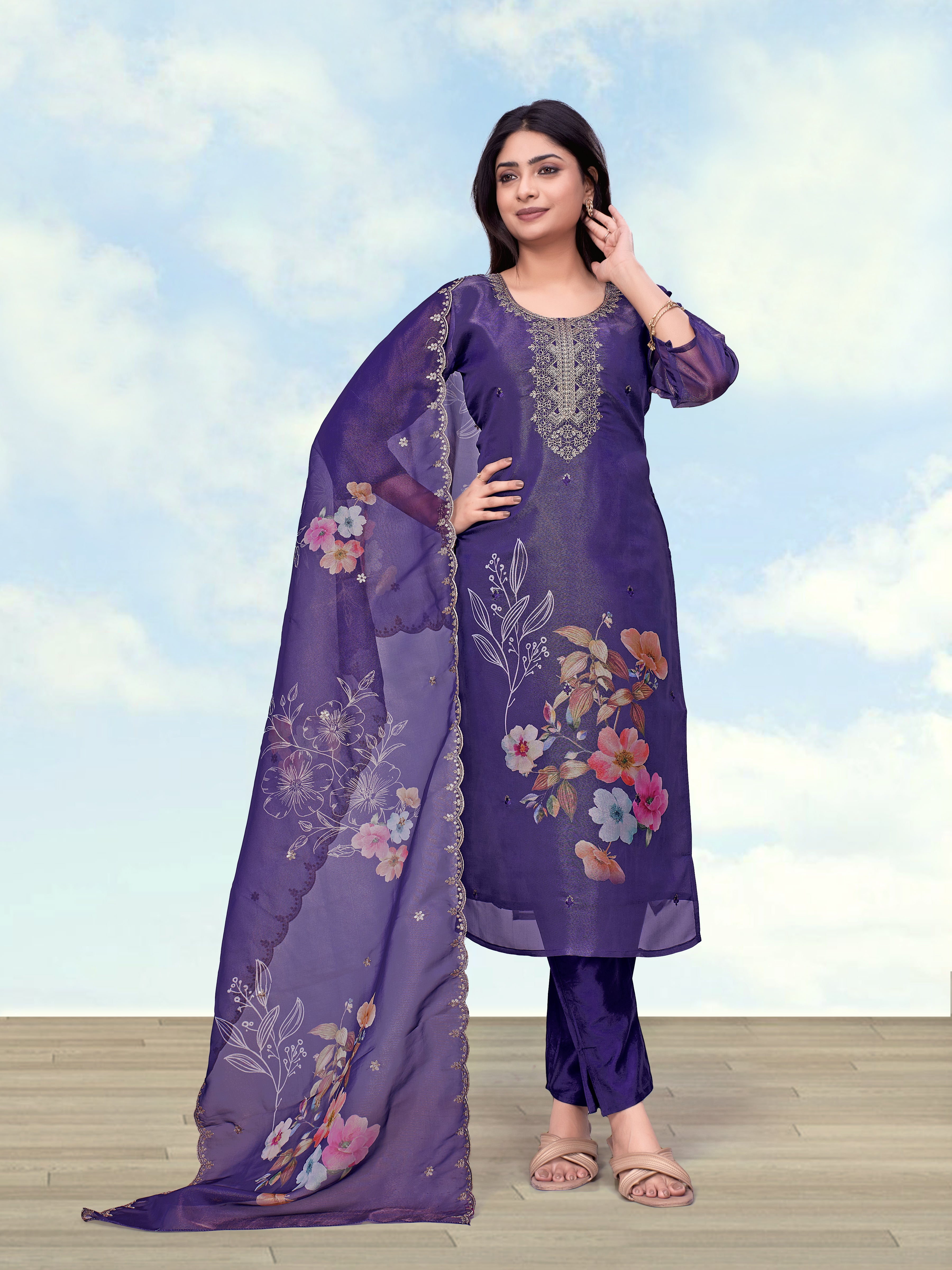 Monjolika Fashion Purple Simar Kurta Set With Floral Print - Dista