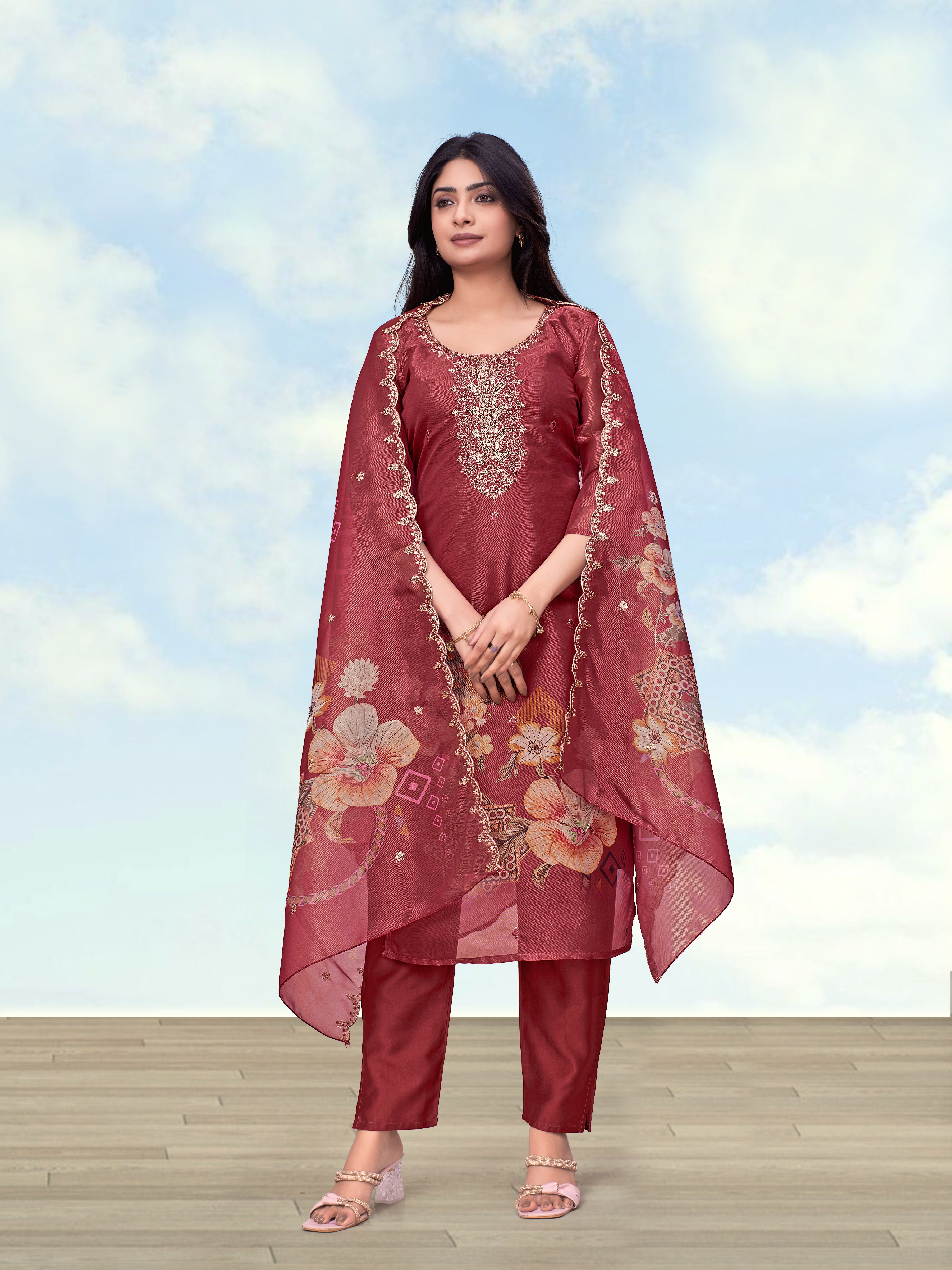 Monjolika Fashion Maroon Simar Kurta Set With Floral Print - Dista