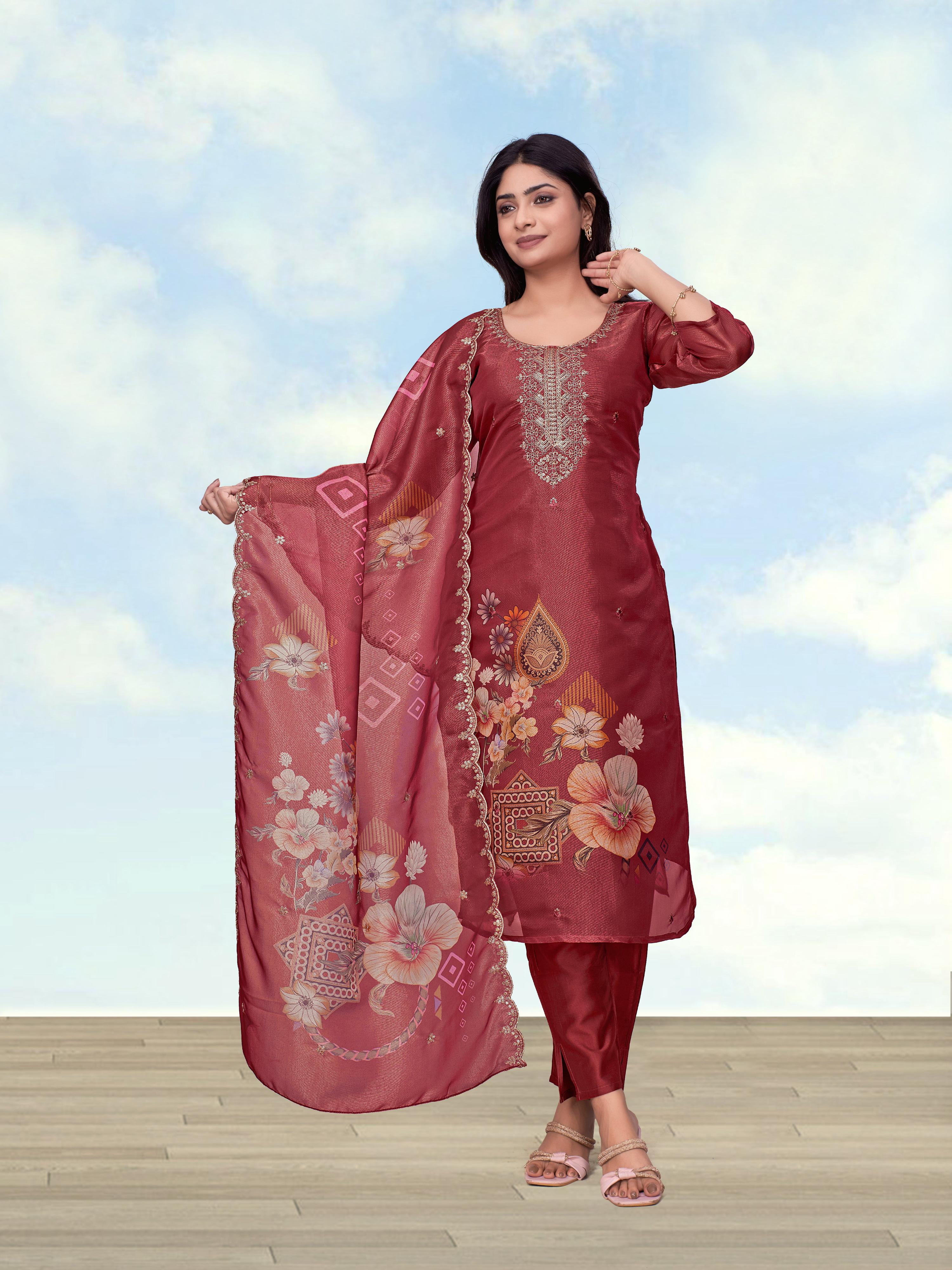 Monjolika Fashion Maroon Simar Kurta Set With Floral Print - Dista
