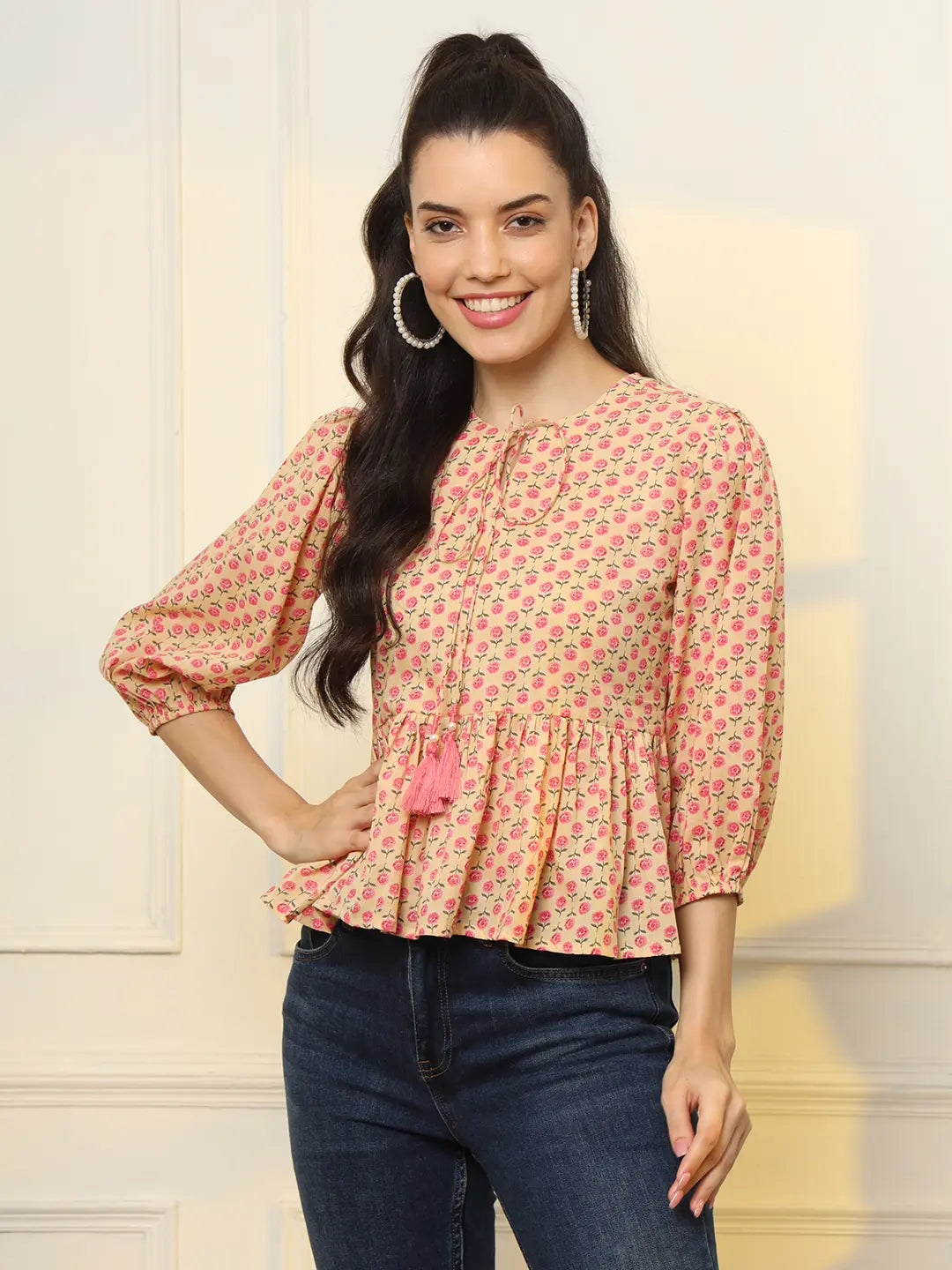 Yufta Cotton Yellow And Pink Floral Tie Up Top - Distacart