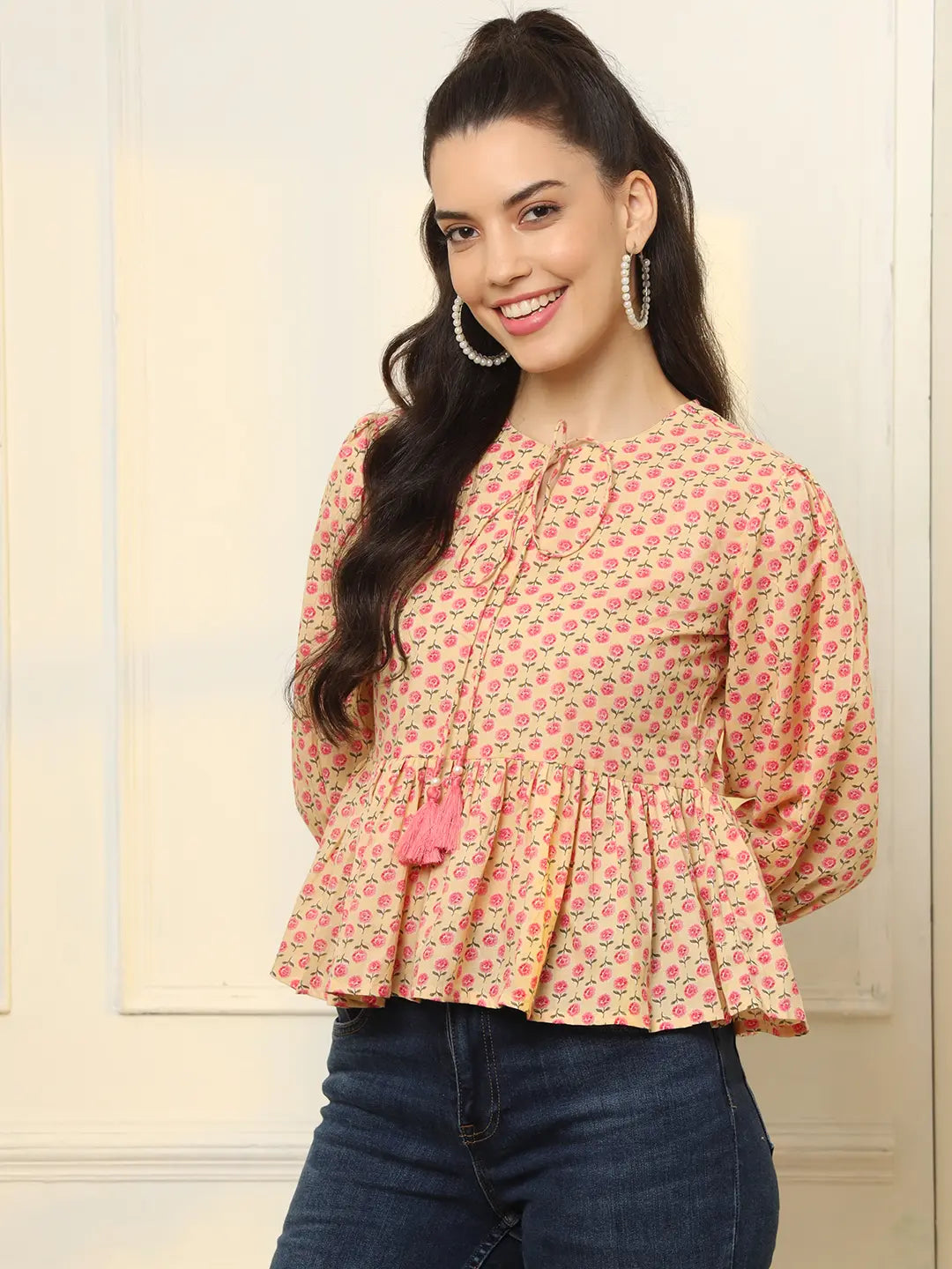 Yufta Cotton Yellow And Pink Floral Tie Up Top - Distacart