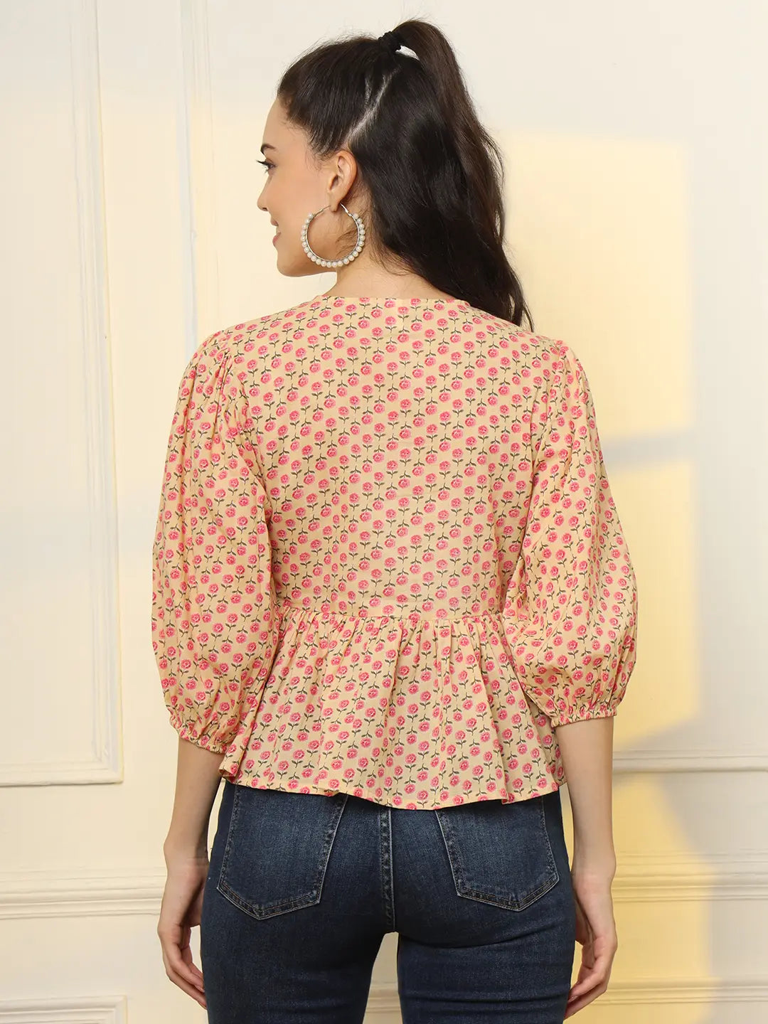 Yufta Cotton Yellow And Pink Floral Tie Up Top