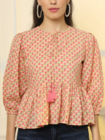 Thumbnail for Yufta Cotton Yellow And Pink Floral Tie Up Top