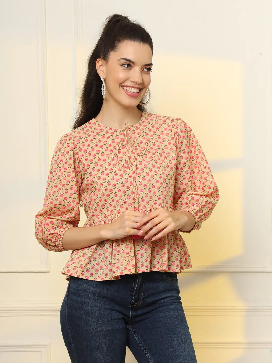 Yufta Cotton Yellow And Pink Floral Tie Up Top