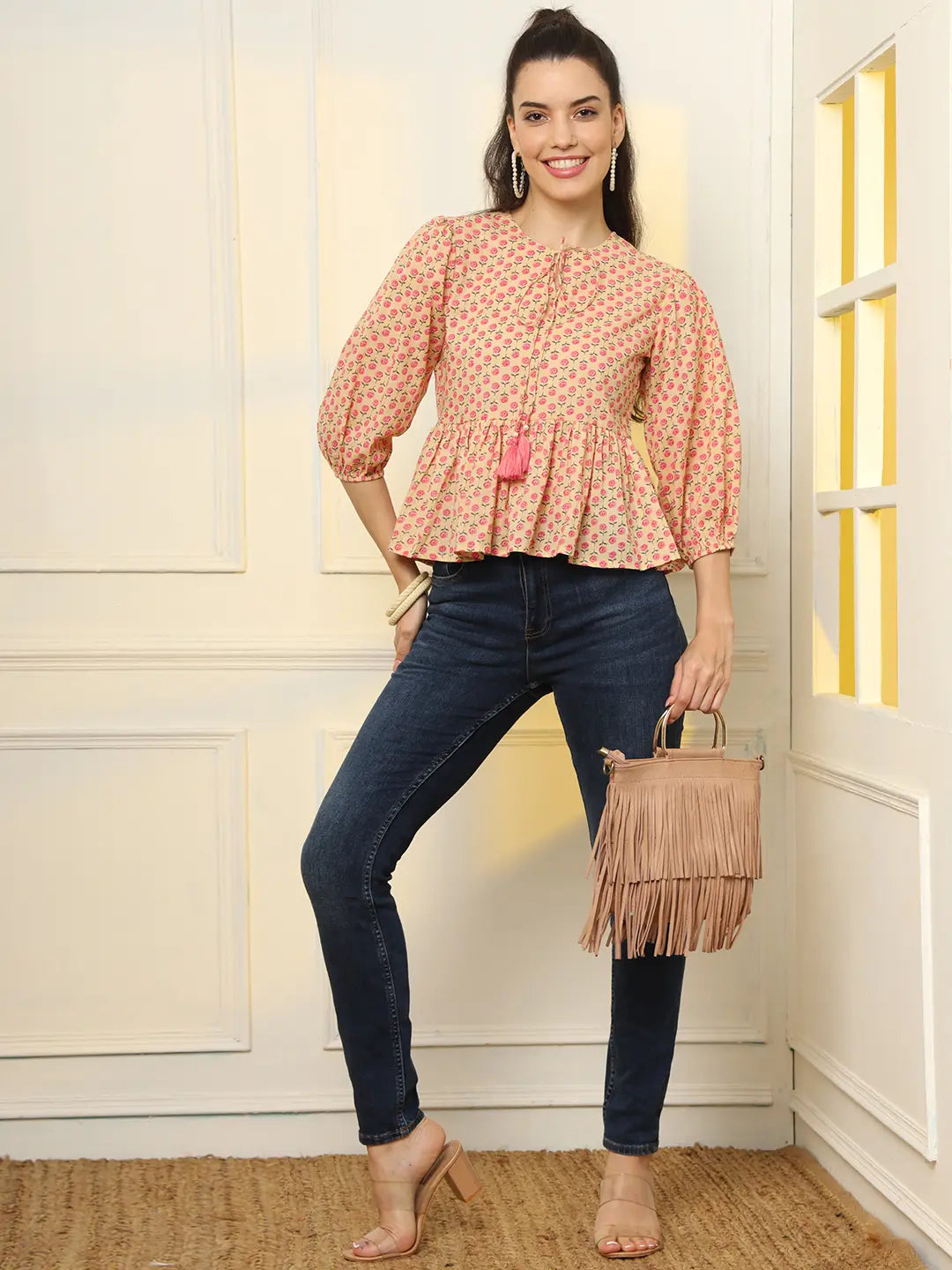 Yufta Cotton Yellow And Pink Floral Tie Up Top