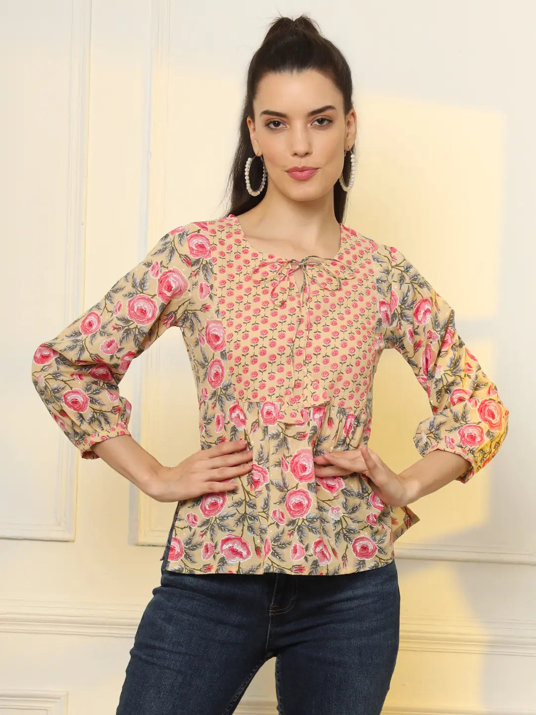 Yufta Cotton Yellow Floral Tie Up Top - Distacart