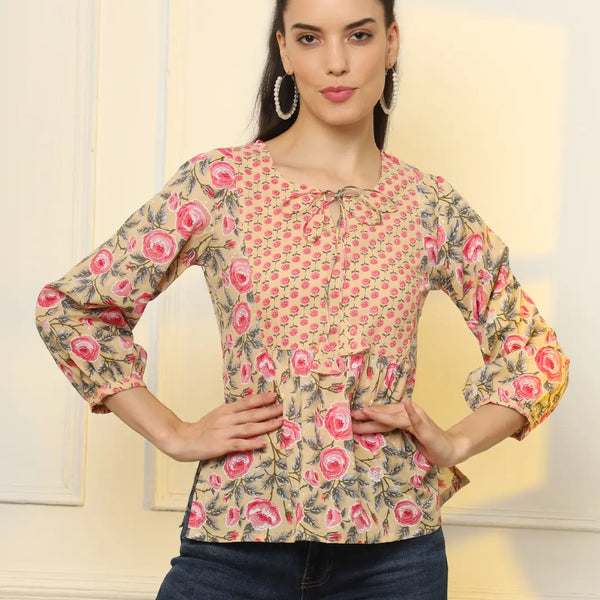 Yufta Cotton Yellow Floral Tie Up Top - Distacart