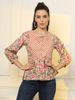 Thumbnail for Yufta Cotton Yellow Floral Tie Up Top