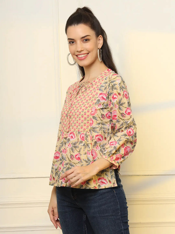 Yufta Cotton Yellow Floral Tie Up Top