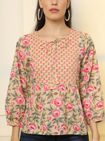 Yufta Cotton Yellow Floral Tie Up Top - Distacart