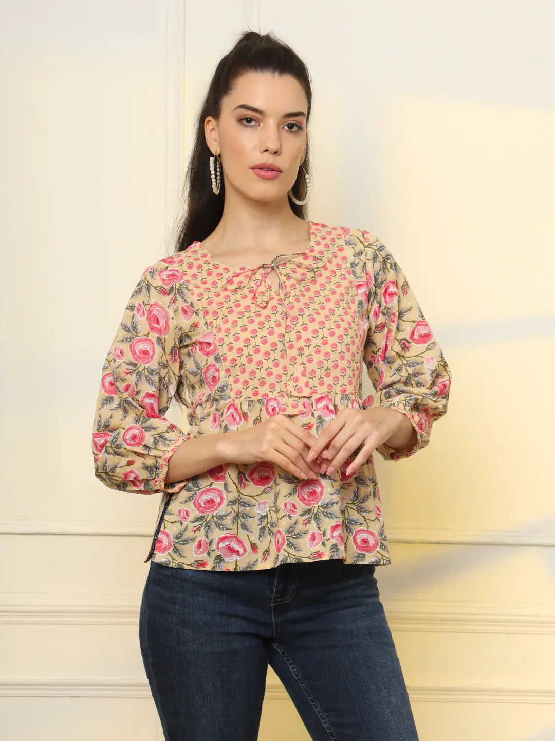 Yufta Cotton Yellow Floral Tie Up Top