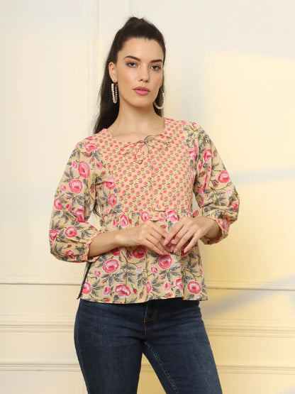 Yufta Cotton Yellow Floral Tie Up Top - Distacart