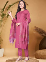 Thumbnail for Anouk Pink Ethnic Motifs Yoke Design Sequined Straight Kurta with Trouser & Dupatta
