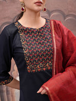 Thumbnail for Vishudh Navy Blue Floral Embroidered Straight Kurta with Palazzo & Dupatta
