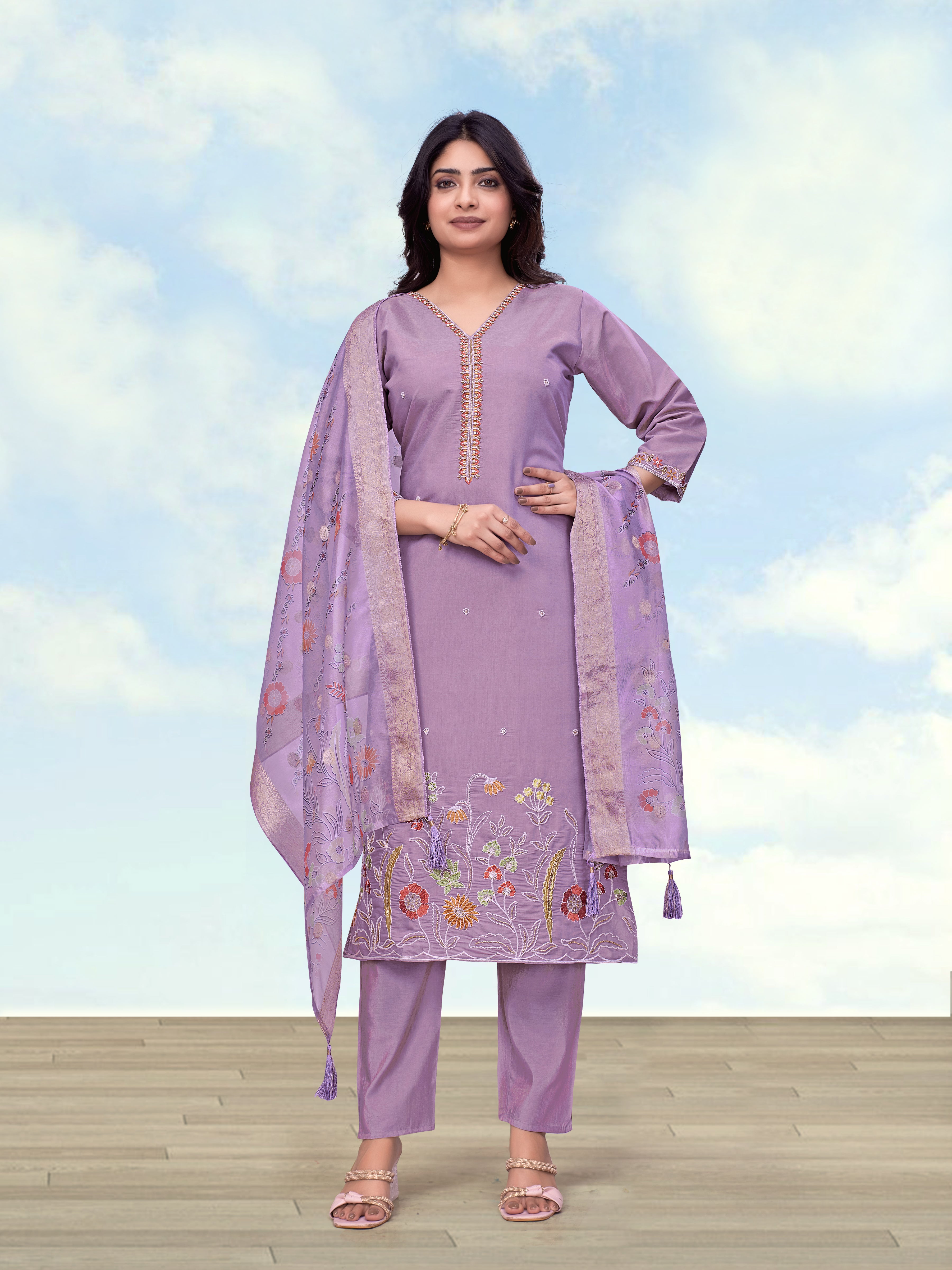 Monjolika Fashion Lavender Roman Simar Embroidered Kurta Set - Dista