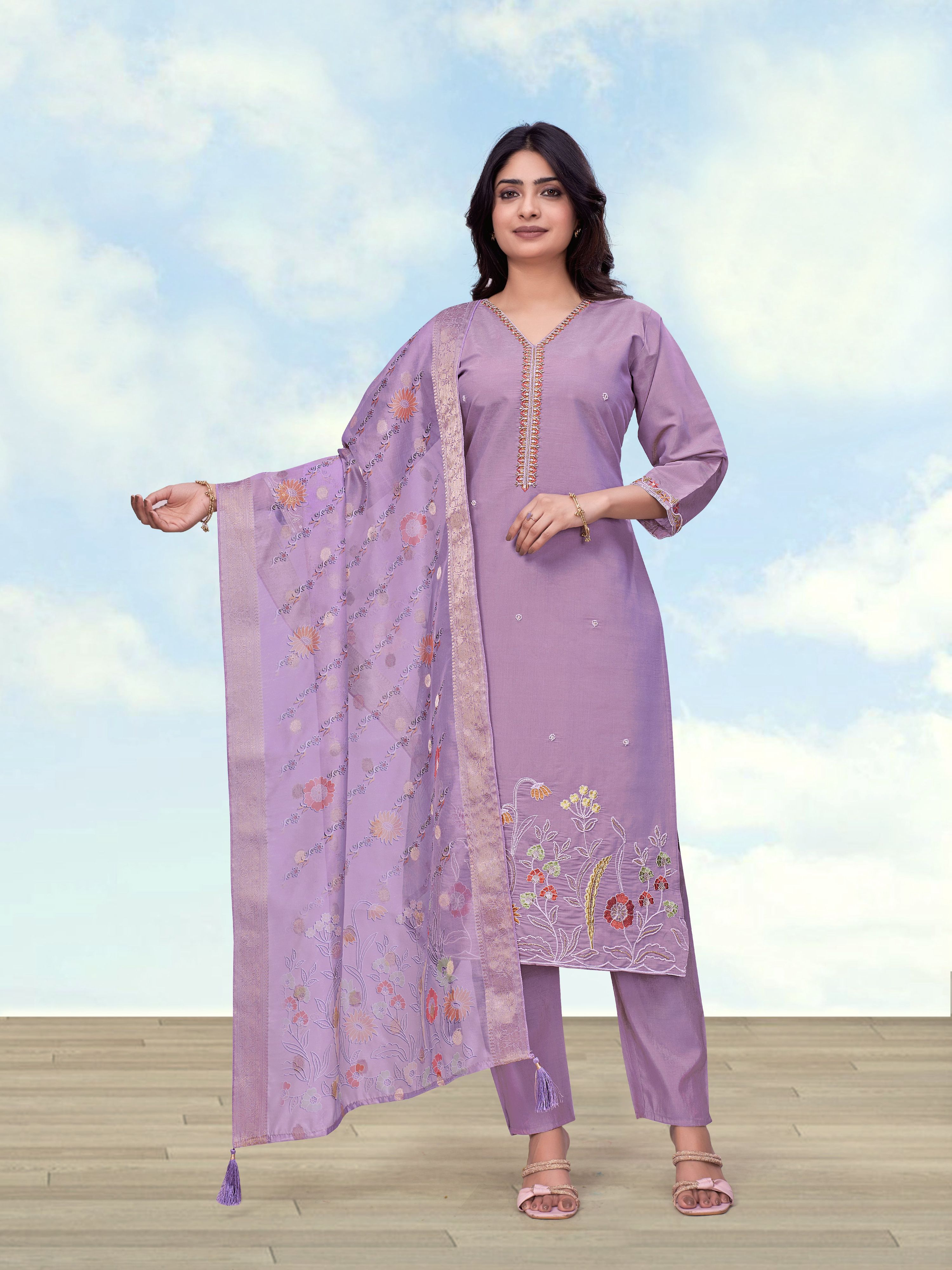 Monjolika Fashion Lavender Roman Simar Embroidered Kurta Set - Dista