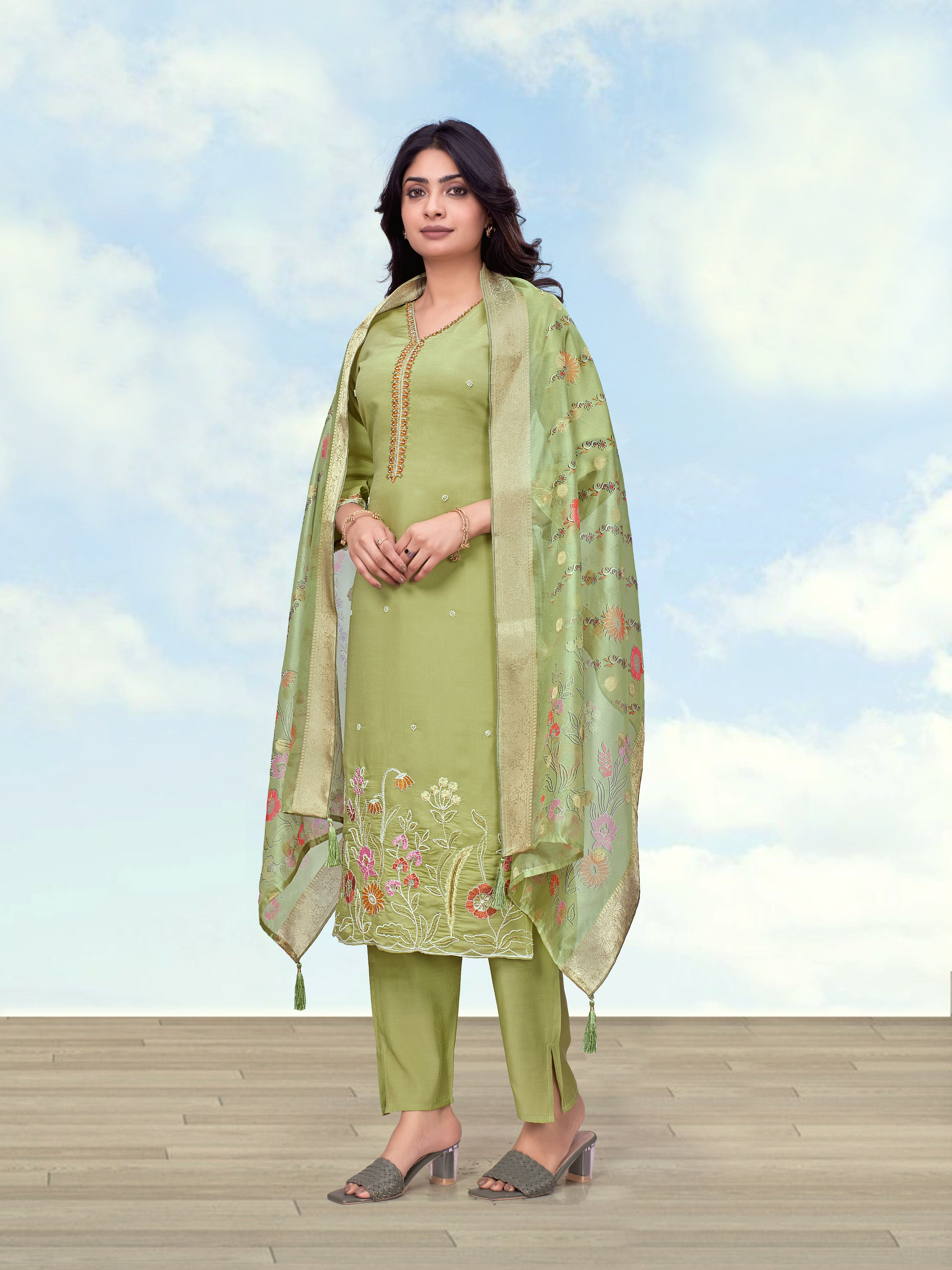 Monjolika Fashion Olive Roman Simar Embroidered Kurta Set - Dista