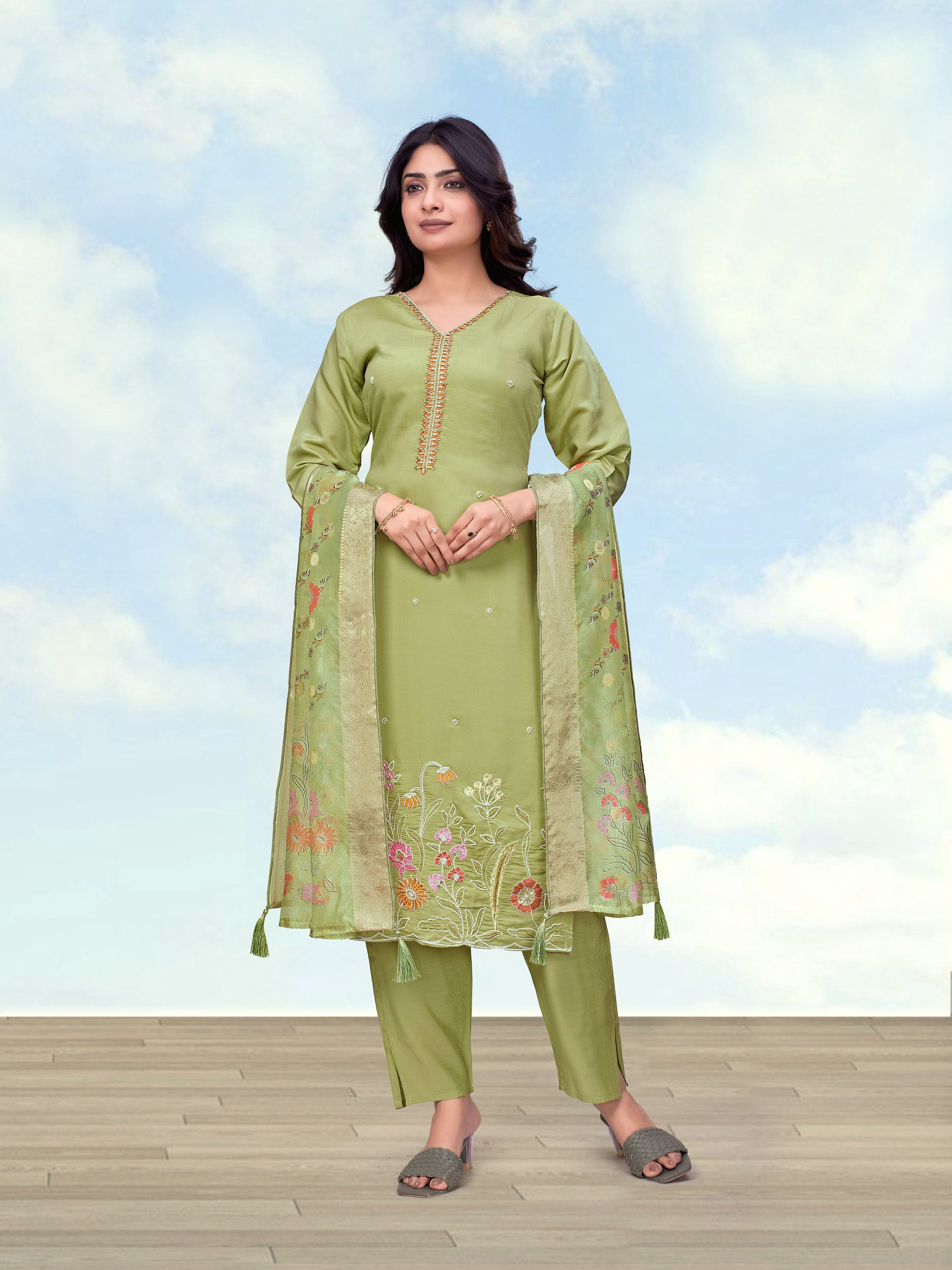 Monjolika Fashion Olive Roman Simar Embroidered Kurta Set - Dista