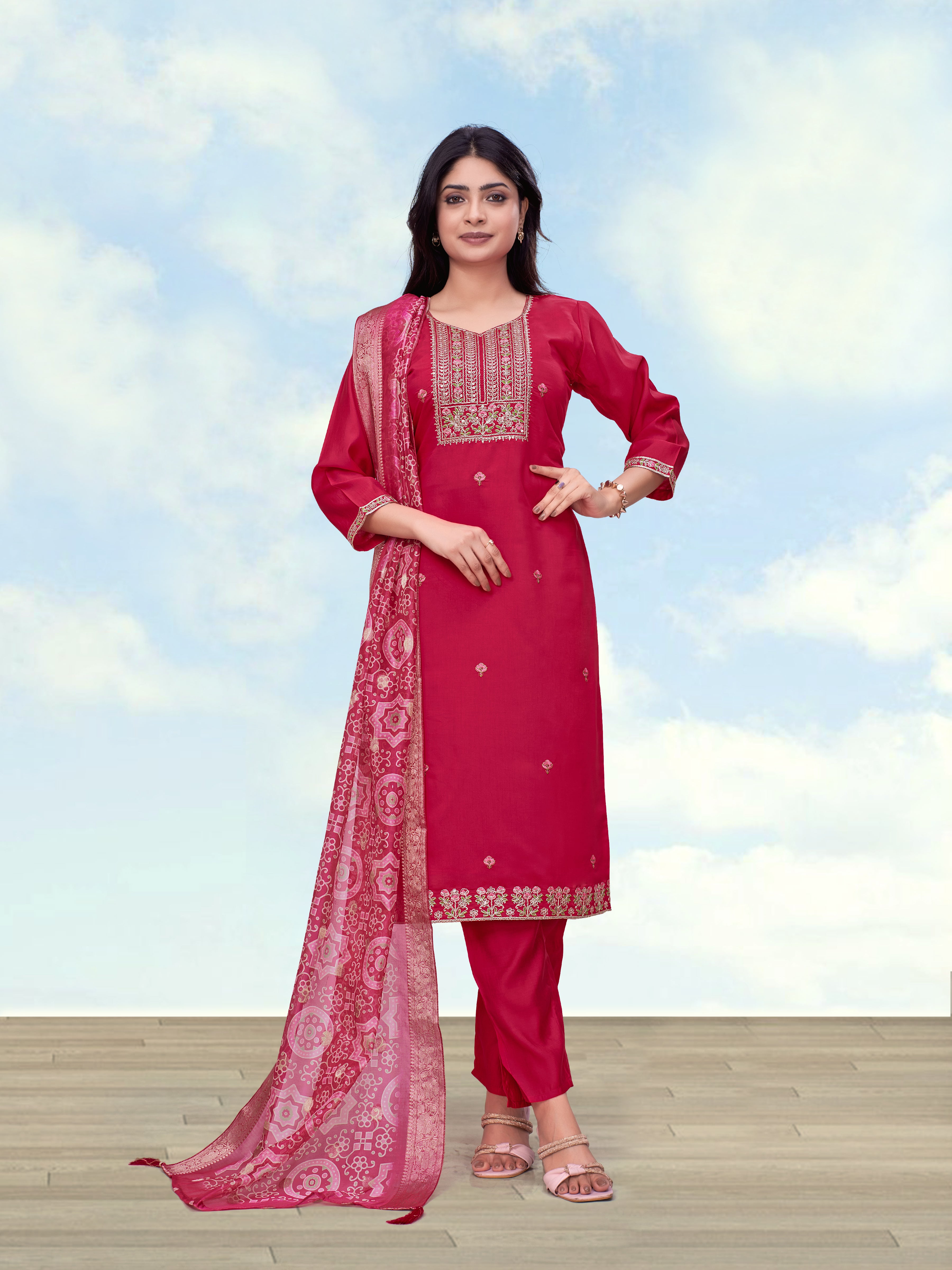 Monjolika Fashion Rani Pink Roman Simar Embroidered Work Kurta Suit - Dista