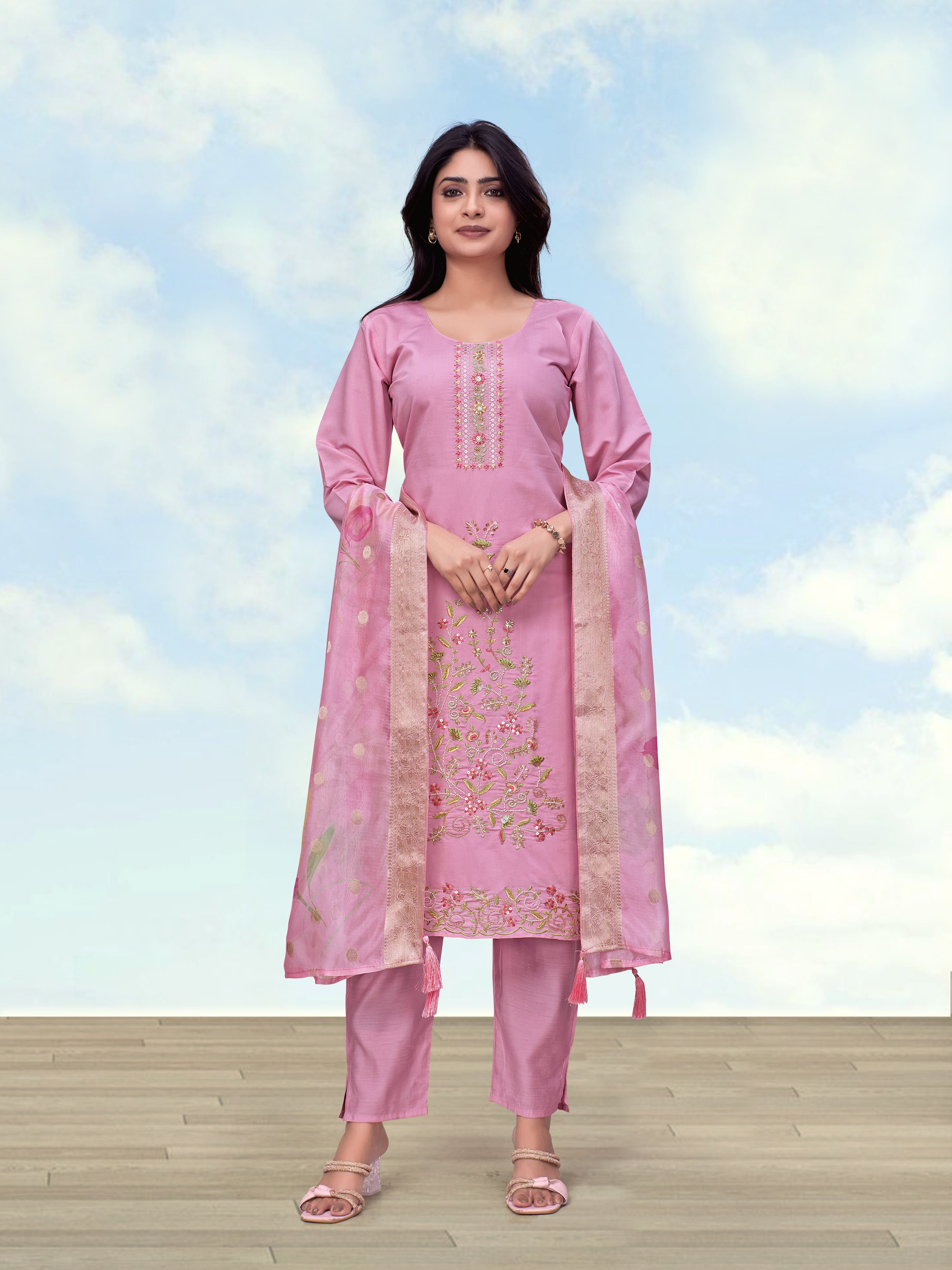 Monjolika Fashion Light Pink Roman Simar Embroidered Straight Suit - Dista