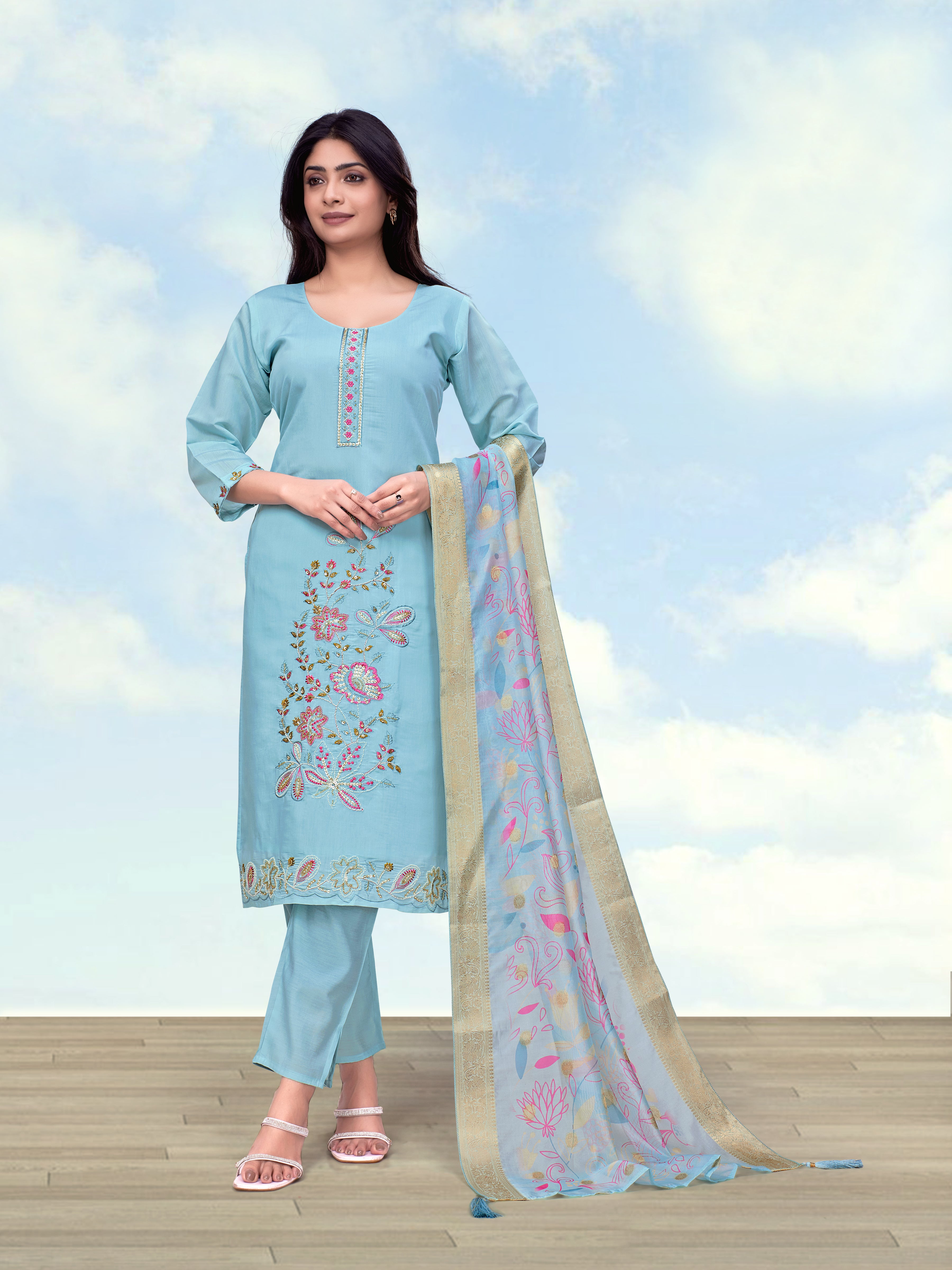Monjolika Fashion Sky Blue Roman Simar Embroidered Straight Suit - Dista