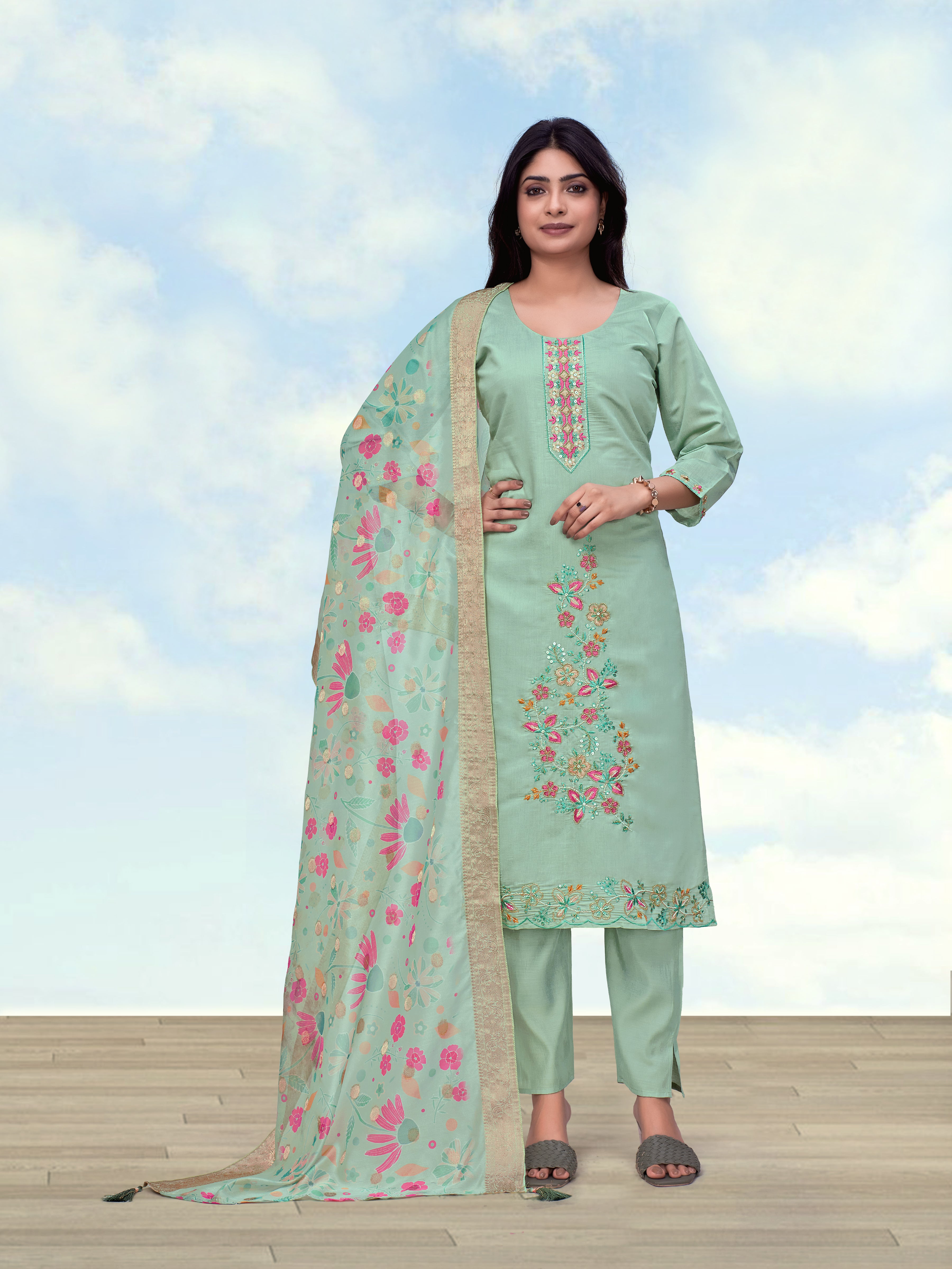 Monjolika Fashion Sea Green Roman Simar Embroidered Straight Suit - Dista